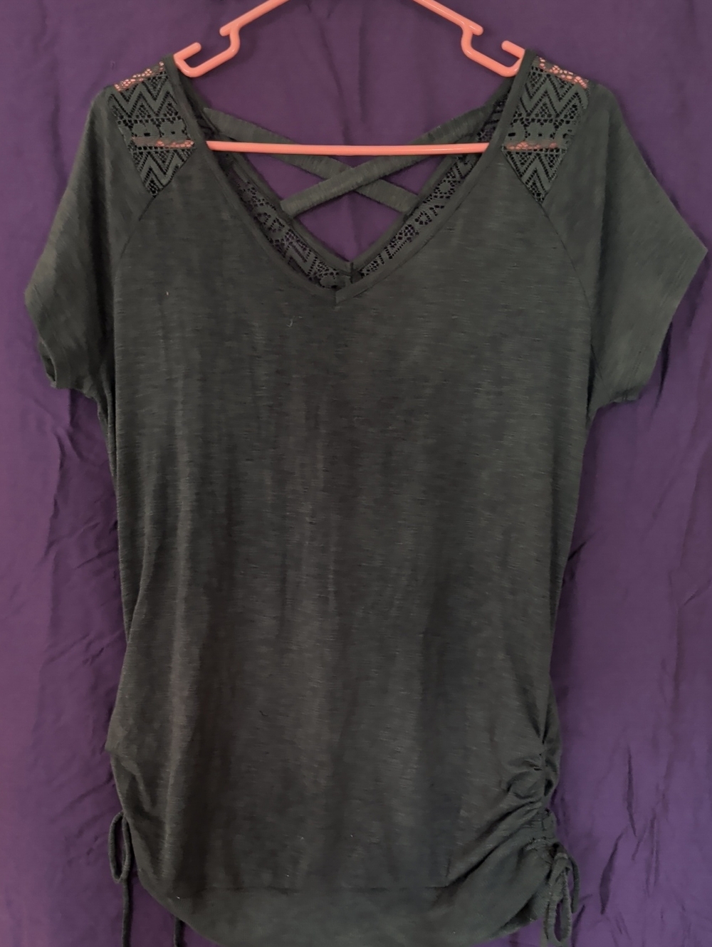 No Boundaries Black Short Sleeve V-Neck Top with Lace Accents